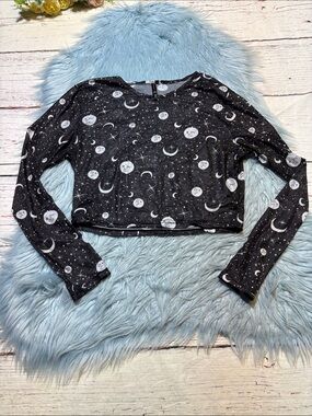 Spencer’s Body Rage Black Moon & Stars Celestial Long-Sleeve Mesh Crop Top